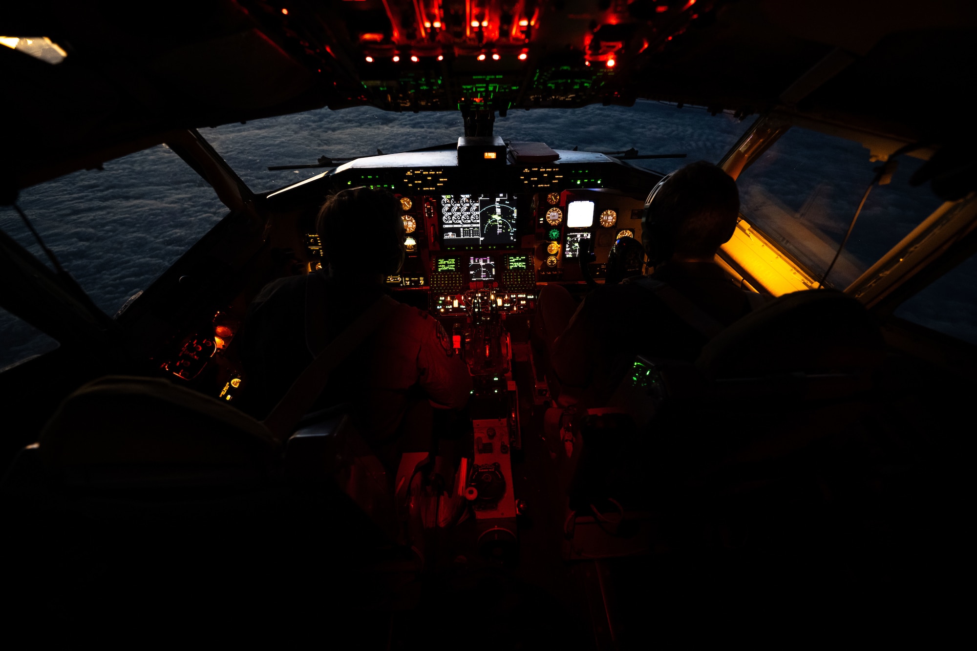 Aircrew assigned to the 91st Air Refueling Squadron pilot a KC-135 Stratotanker aircraft in the U.S. Southern Command area of responsibility, Oct. 15, 2025. The Bomber Attack Demonstration showcased USSOUTHCOM’s ability to quickly mobilize and enable rapid establishment of credible, combat-ready forces with effective and overwhelming force. (U.S. Air Force photo by Senior Airman Zachary Foster)