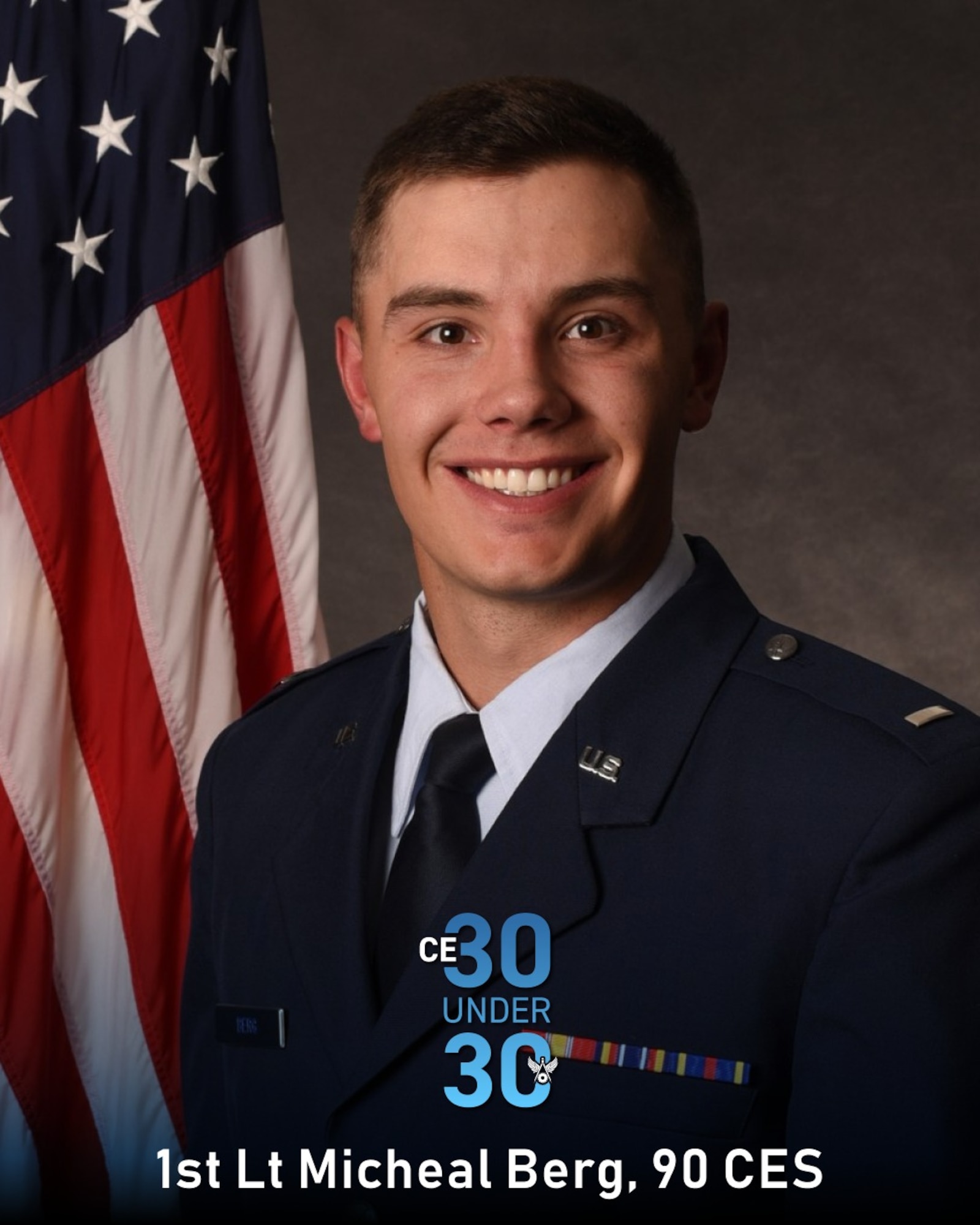 1st Lt. Michael Berg, 90th Civil Engineer Squadron flight commander, poses for his official photo at F.E. Warren Air Force Base, Wyoming, July 30, 2024.