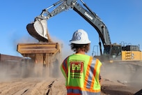 The U.S. Army Corps of Engineers monitors ground stabilization construction in preparation for panel placement at the BMGR-1 project site near Yuma, Arizona, Oct. 28. USACE is replacing permanent border barriers along the southern border of the U.S. at the direction of the U.S. Army by the Secretary of War, in response to the presidential national emergency declaration dated Jan. 20, 2025, authorizing the use of Section 2803 of Title 10, U.S. Code.