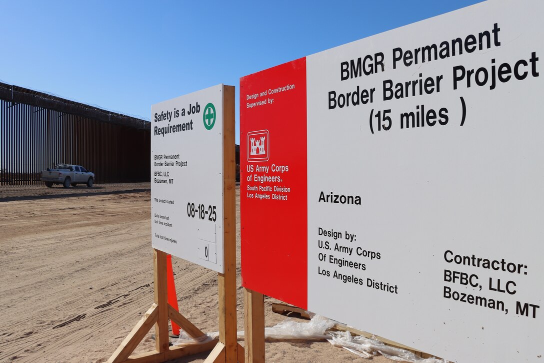 The U.S. Army Corps of Engineers South Pacific Border Task Force’s BMGR-1 border barrier project site near Yuma, Arizona, Oct. 28. USACE is replacing permanent border barriers along the southern border of the U.S. at the direction of the U.S. Army by the Secretary of War, in response to the presidential national emergency declaration dated Jan. 20, 2025, authorizing the use of Section 2803 of Title 10, U.S. Code.