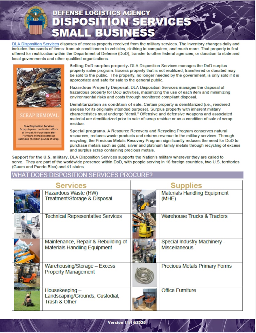 Disposition flyer provides information on what is procured, where to find procurement opportunities, major spend patterns, training opportunities, and contact info.