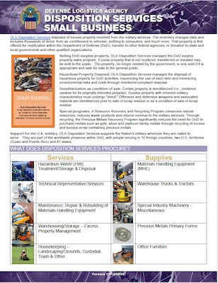 Disposition flyer provides information on what is procured, where to find procurement opportunities, major spend patterns, training opportunities, and contact info.