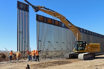U.S. Army Corps of Engineers South Pacific Border Task Force install border barrier panels at the BMGR-1 project site near Yuma, Arizona, Oct. 29. USACE is replacing permanent border barriers along the southern border of the U.S. at the direction of the U.S. Army by the Secretary of War, in response to the presidential national emergency declaration dated Jan. 20, 2025, authorizing the use of Section 2803 of Title 10, U.S. Code