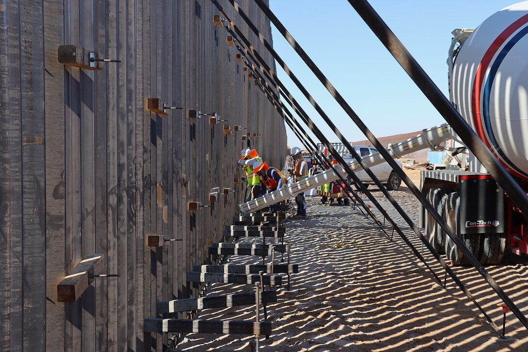 U.S. Army Corps of Engineers South Pacific Border Task Force install border barrier panels at the BMGR-1 project site near Yuma, Arizona, Oct. 29. USACE is replacing permanent border barriers along the southern border of the U.S. at the direction of the U.S. Army by the Secretary of War, in response to the presidential national emergency declaration dated Jan. 20, 2025, authorizing the use of Section 2803 of Title 10, U.S. Code