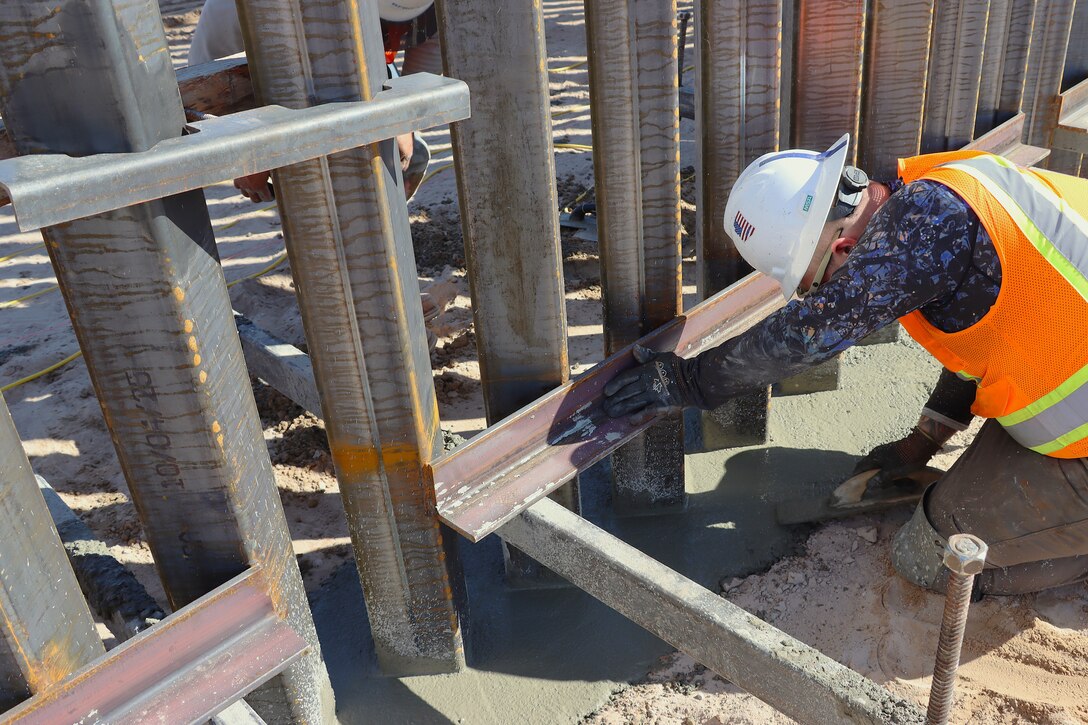 U.S. Army Corps of Engineers South Pacific Border Task Force install border barrier panels at the BMGR-1 project site near Yuma, Arizona, Oct. 29. USACE is replacing permanent border barriers along the southern border of the U.S. at the direction of the U.S. Army by the Secretary of War, in response to the presidential national emergency declaration dated Jan. 20, 2025, authorizing the use of Section 2803 of Title 10, U.S. Code