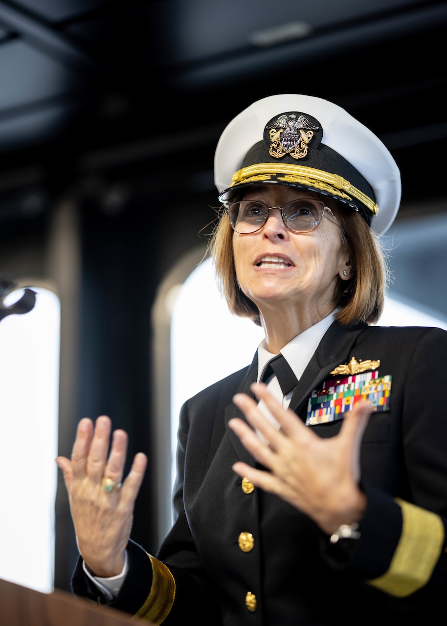 Rear Adm. Kimberly A. Walz, acting Commander, Military Sealift Command (MSC), delivers remarks during MSC’s assumption of command ceremony held on board USNS Robert F. Kennedy  (T-AO 208) Nov. 13, 2025. The ceremony is a time-honored tradition that marked the moment a new commander formally takes charge of a unit in the absence of an outgoing commander.
