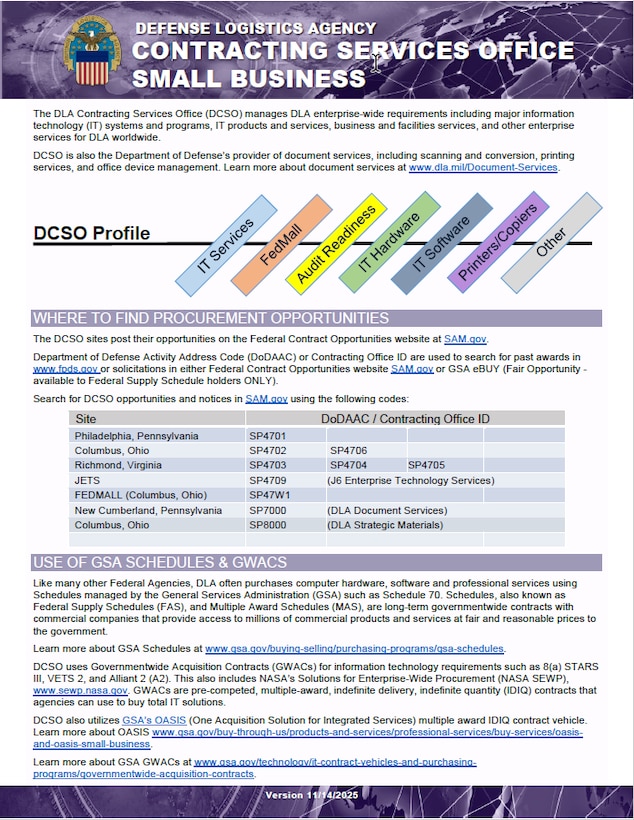 DCSO flyer provides information on what is procured, where to find procurement opportunities, major spend patterns, training opportunities, and contact info.
