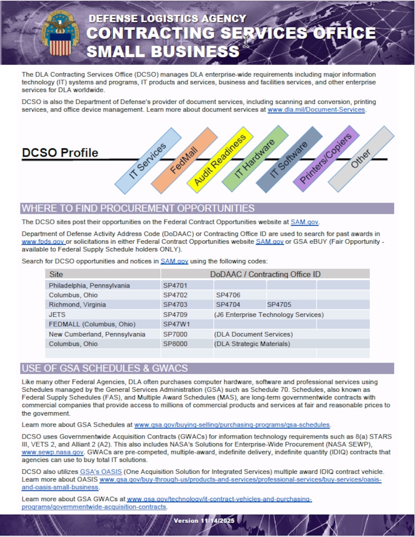 DCSO flyer provides information on what is procured, where to find procurement opportunities, major spend patterns, training opportunities, and contact info.