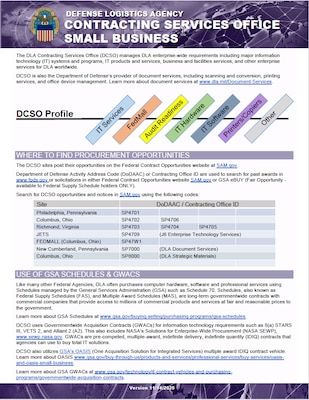 DCSO flyer provides information on what is procured, where to find procurement opportunities, major spend patterns, training opportunities, and contact info.