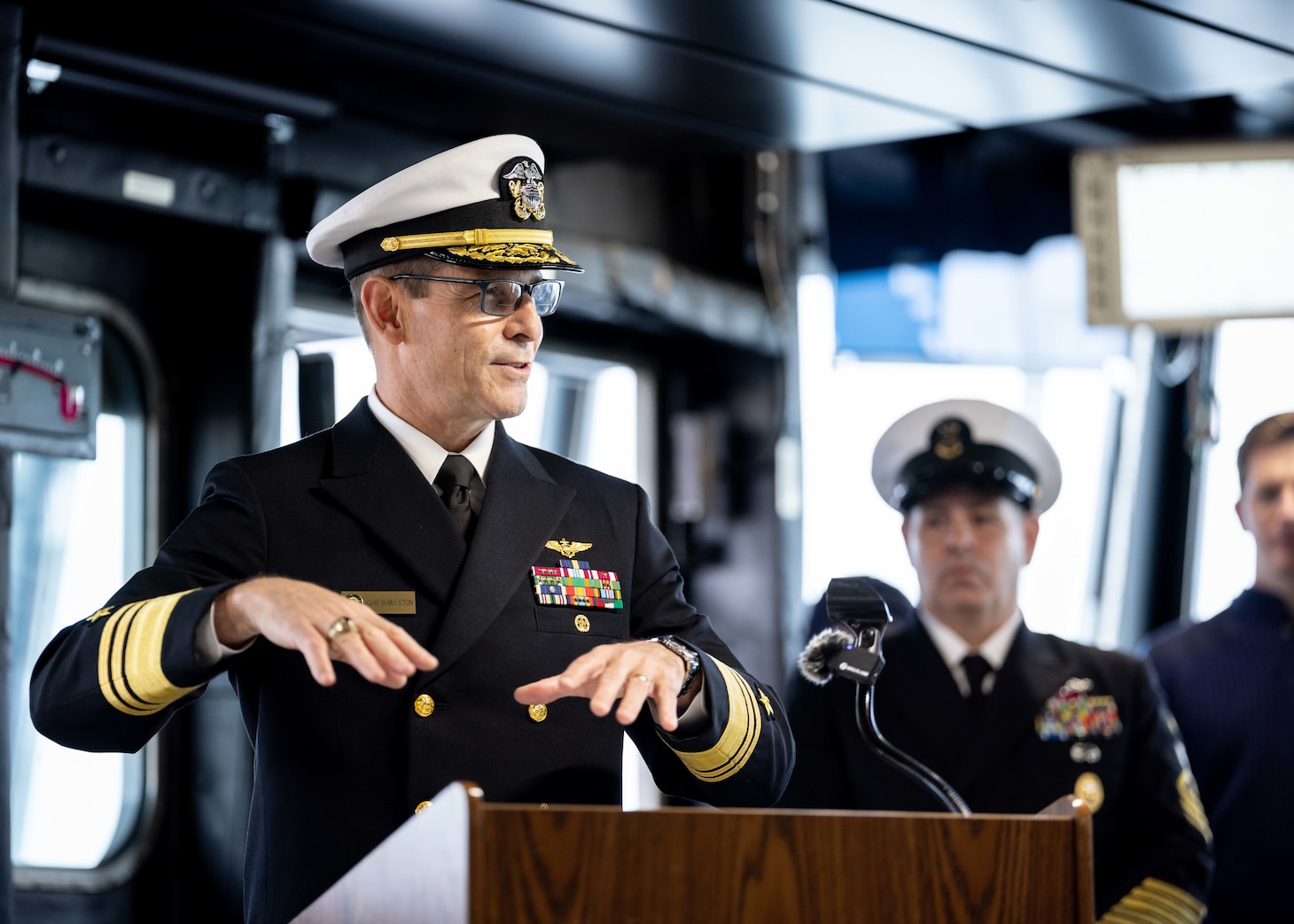 Vice Adm. John Gumbleton, acting Commander, U.S. Fleet Forces Command, delivers remarks during Military Sealift Command’s assumption of command ceremony held on board USNS Robert F. Kennedy  (T-AO 208) Nov. 13, 2025. The ceremony is a time-honored tradition that marked the moment a new commander formally takes charge of a unit in the absence of an outgoing commander.