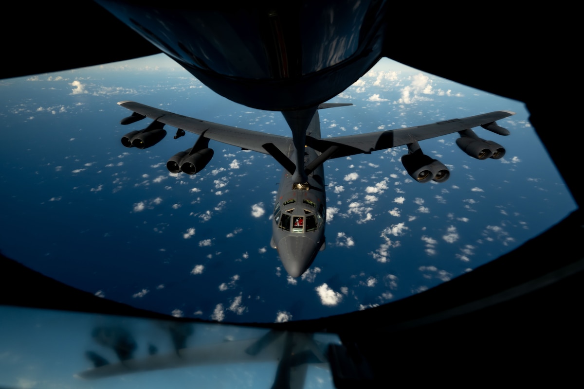 A U.S. Air Force B-52 Stratofortress bomber, assigned to the 2nd Bomb Wing, refuels over the U.S. Southern Command area of responsibility from a KC-135 Stratotanker aircraft assigned to the 6th Air Refueling Wing, Oct. 15, 2025. B-52s are world-wide deployable and deter foreign terrorist and transnational criminal organizations, which threaten the safety, security and stability of the Western Hemisphere. (U.S. Air Force photo by Senior Airman Zachary Foster)