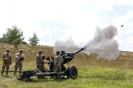 Soldiers conduct an artillery live fire exercise Aug. 15 at Fort Indiantown Gap, Pennsylvania, as the culmination of their Cannon Crewmember (13B) Advanced Leader Course. This course is one of several conducted throughout the year by the staff of the 166th Regiment – Regional Training Institute, which trains more than 5,500 students annually. (Pennsylvania National Guard photo by Wayne V. Hall)