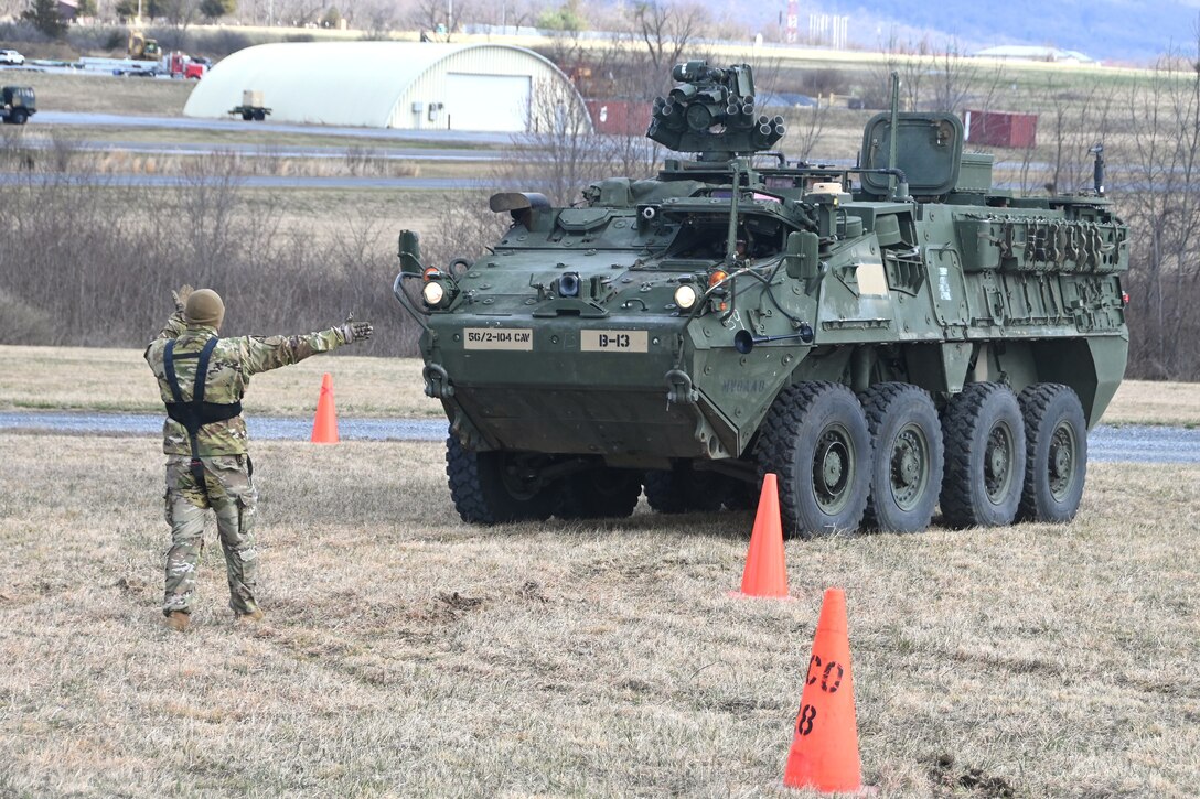 Soldiers from the 56th Stryker Brigade Combat Team conduct training on upgraded Stryker vehicles March 26, 2025, at Fort Indiantown Gap, Pa. As part of a program to modernize the 56th SBCT, the brigade is receiving 324 upgraded Strykers. (Pennsylvania National Guard photo by Brad Rhen)