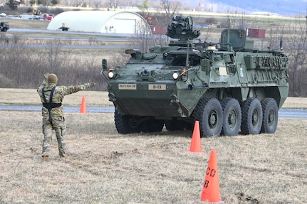 Soldiers from the 56th Stryker Brigade Combat Team conduct training on upgraded Stryker vehicles March 26, 2025, at Fort Indiantown Gap, Pa. As part of a program to modernize the 56th SBCT, the brigade is receiving 324 upgraded Strykers. (Pennsylvania National Guard photo by Brad Rhen)