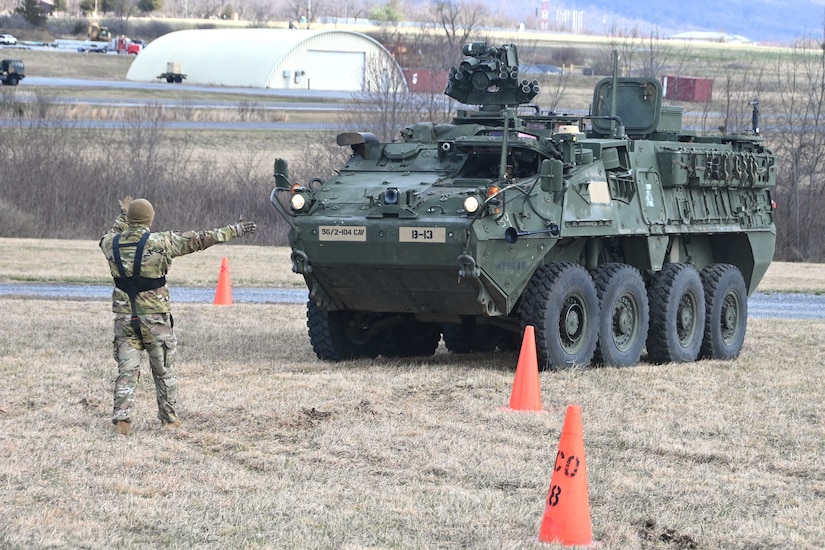 Soldiers from the 56th Stryker Brigade Combat Team conduct training on upgraded Stryker vehicles March 26, 2025, at Fort Indiantown Gap, Pa. As part of a program to modernize the 56th SBCT, the brigade is receiving 324 upgraded Strykers. (Pennsylvania National Guard photo by Brad Rhen)