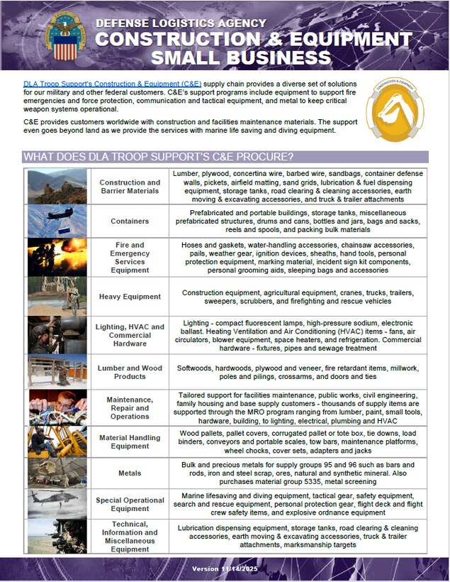 C&E flyer provides information on what is procured, where to find procurement opportunities, major spend patterns, training opportunities, and contact info.