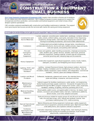 C&E flyer provides information on what is procured, where to find procurement opportunities, major spend patterns, training opportunities, and contact info.