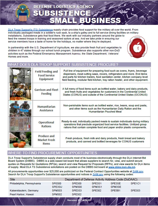 Subsistence flyer provides information on what is procured, where to find procurement opportunities, major spend patterns, training opportunities, and contact info.