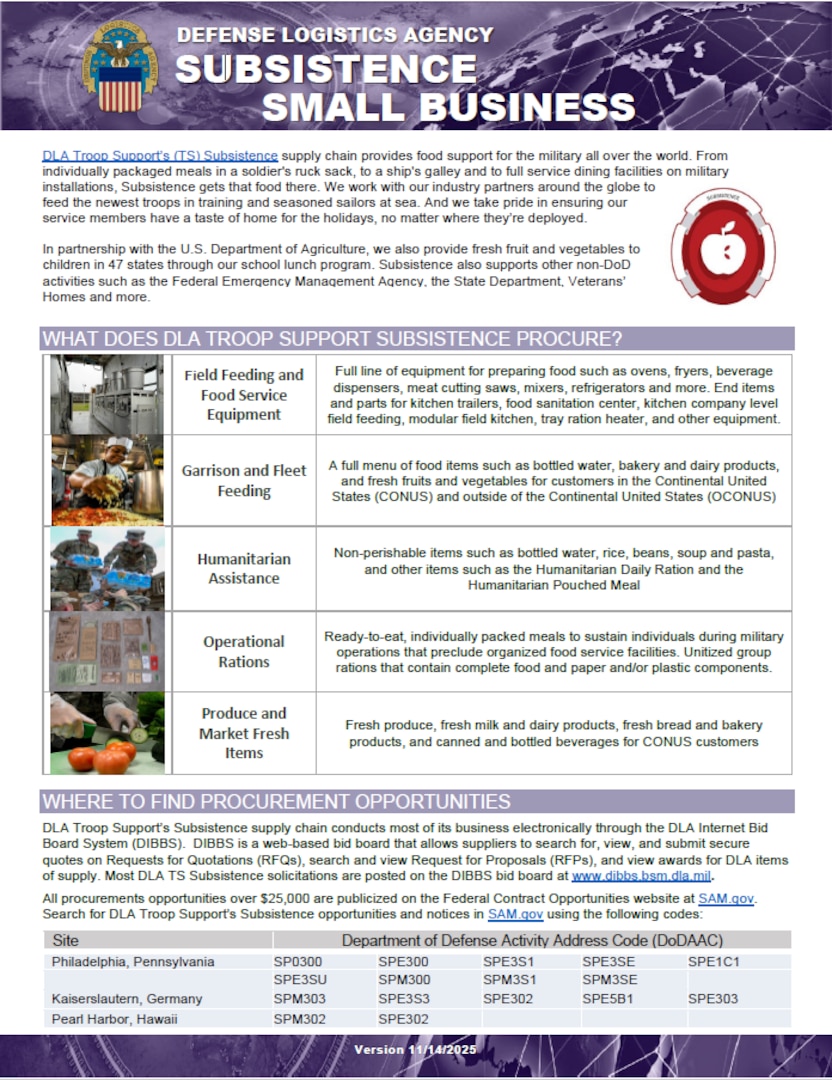 Subsistence flyer provides information on what is procured, where to find procurement opportunities, major spend patterns, training opportunities, and contact info.