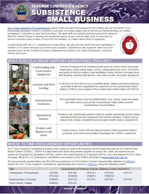 Subsistence flyer provides information on what is procured, where to find procurement opportunities, major spend patterns, training opportunities, and contact info.