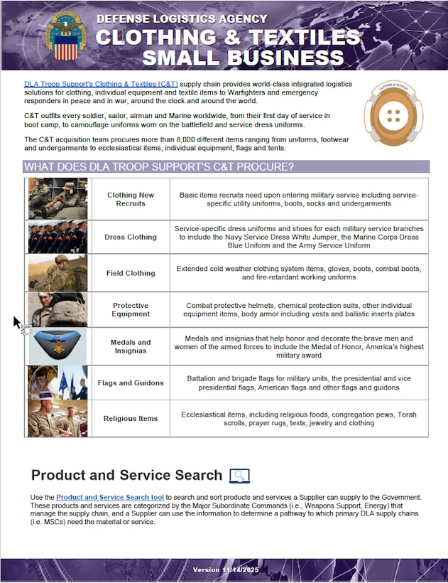 C&T flyer provides information on what is procured, where to find procurement opportunities, major spend patterns, training opportunities, and contact info.