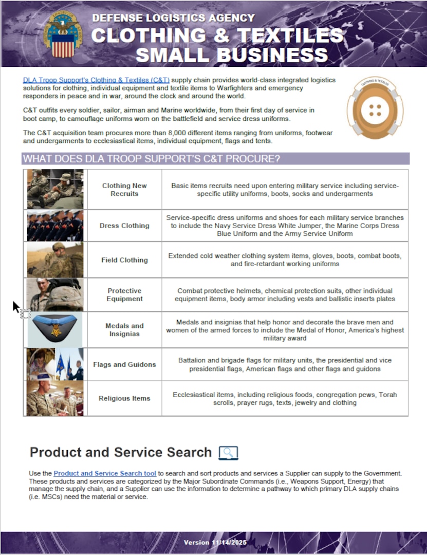C&T flyer provides information on what is procured, where to find procurement opportunities, major spend patterns, training opportunities, and contact info.