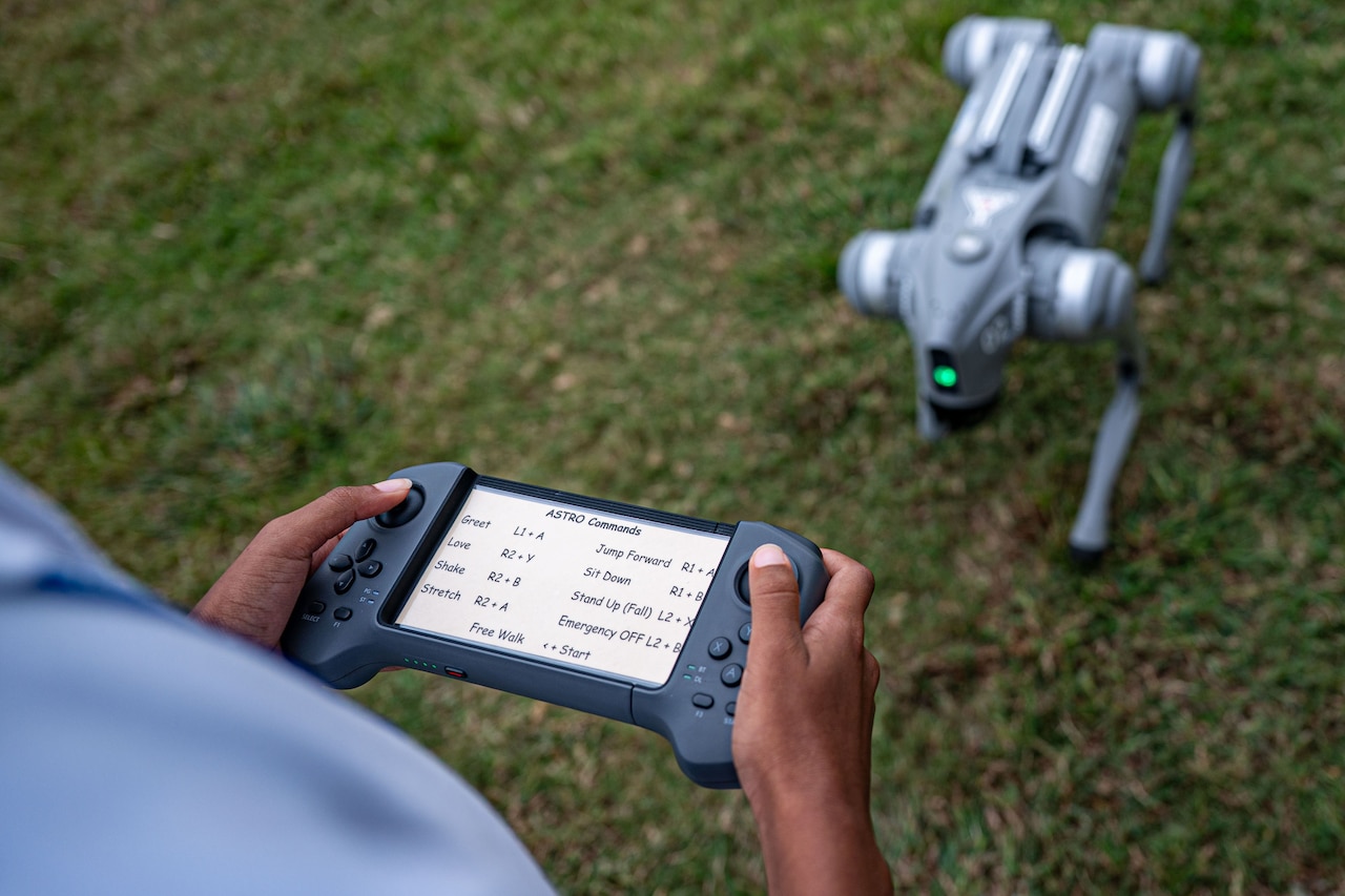 A person controls a robotic dog with a remote control outdoors.