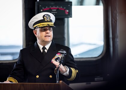 Rear Adm. Benjamin R. Nicholson, Commander, Military Sealift Command (MSC), delivers remarks during MSC’s assumption of command ceremony held on board USNS Robert F. Kennedy  (T-AO 208) Nov. 13, 2025. The ceremony is a time-honored tradition that marked the moment a new commander formally takes charge of a unit in the absence of an outgoing commander.