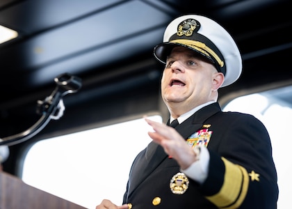 Rear Adm. Benjamin R. Nicholson, Commander, Military Sealift Command (MSC), delivers remarks during MSC’s assumption of command ceremony held on board USNS Robert F. Kennedy  (T-AO 208) Nov. 13, 2025. The ceremony is a time-honored tradition that marked the moment a new commander formally takes charge of a unit in the absence of an outgoing commander.