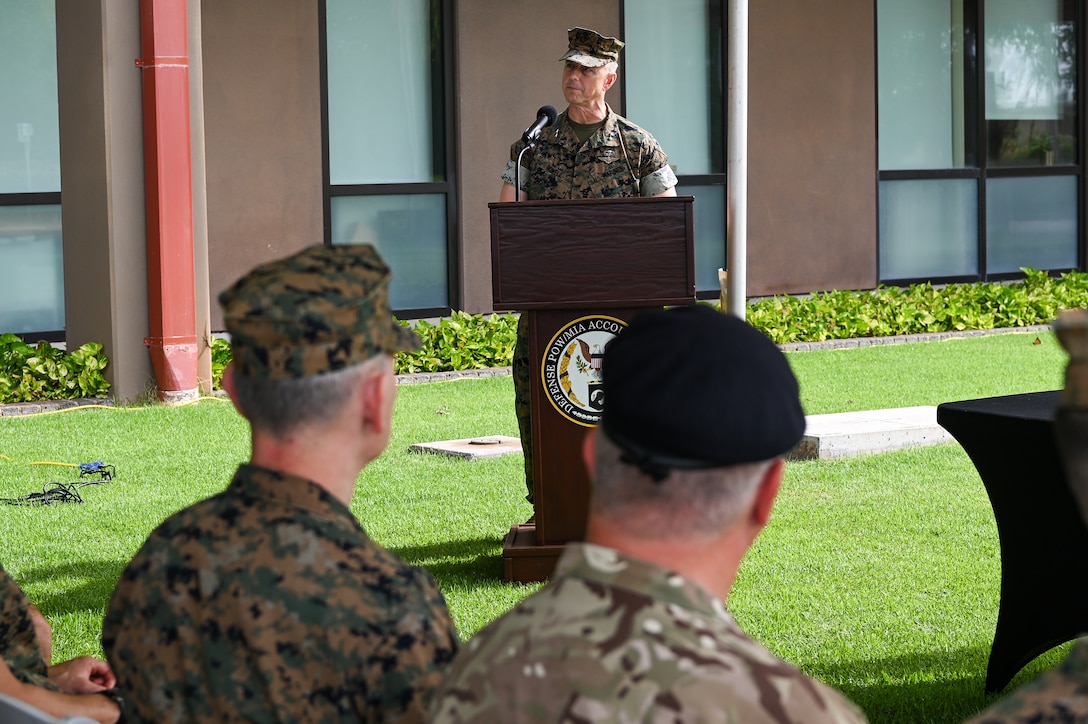 U.S. Marine Corps Maj. Gen. George Rowell, director of strategic planning and policy, U.S. Marine Corps Forces, Pacific, speaks at the Daniel K. Inouye Center for Excellence on Joint Base Pearl Harbor-Hickam, HI, on Nov. 4, 2025.