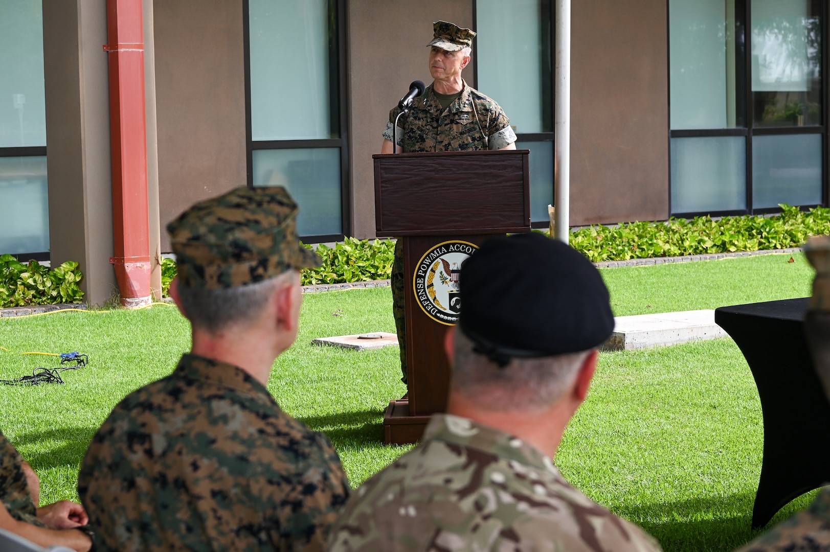 U.S. Marine Corps Maj. Gen. George Rowell, director of strategic planning and policy, U.S. Marine Corps Forces, Pacific, speaks at the Daniel K. Inouye Center for Excellence on Joint Base Pearl Harbor-Hickam, HI, on Nov. 4, 2025.
