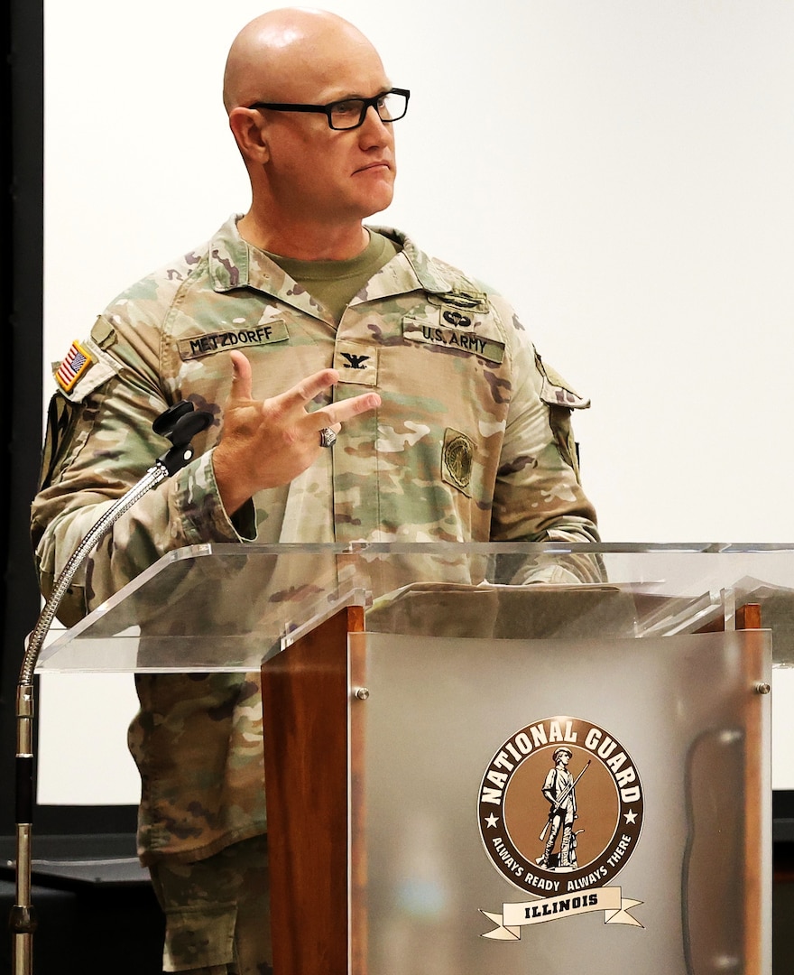 Col. Paul Metzdorff speaks during the 129th Regiment (Regional Training Institute) Change of Command Ceremony.