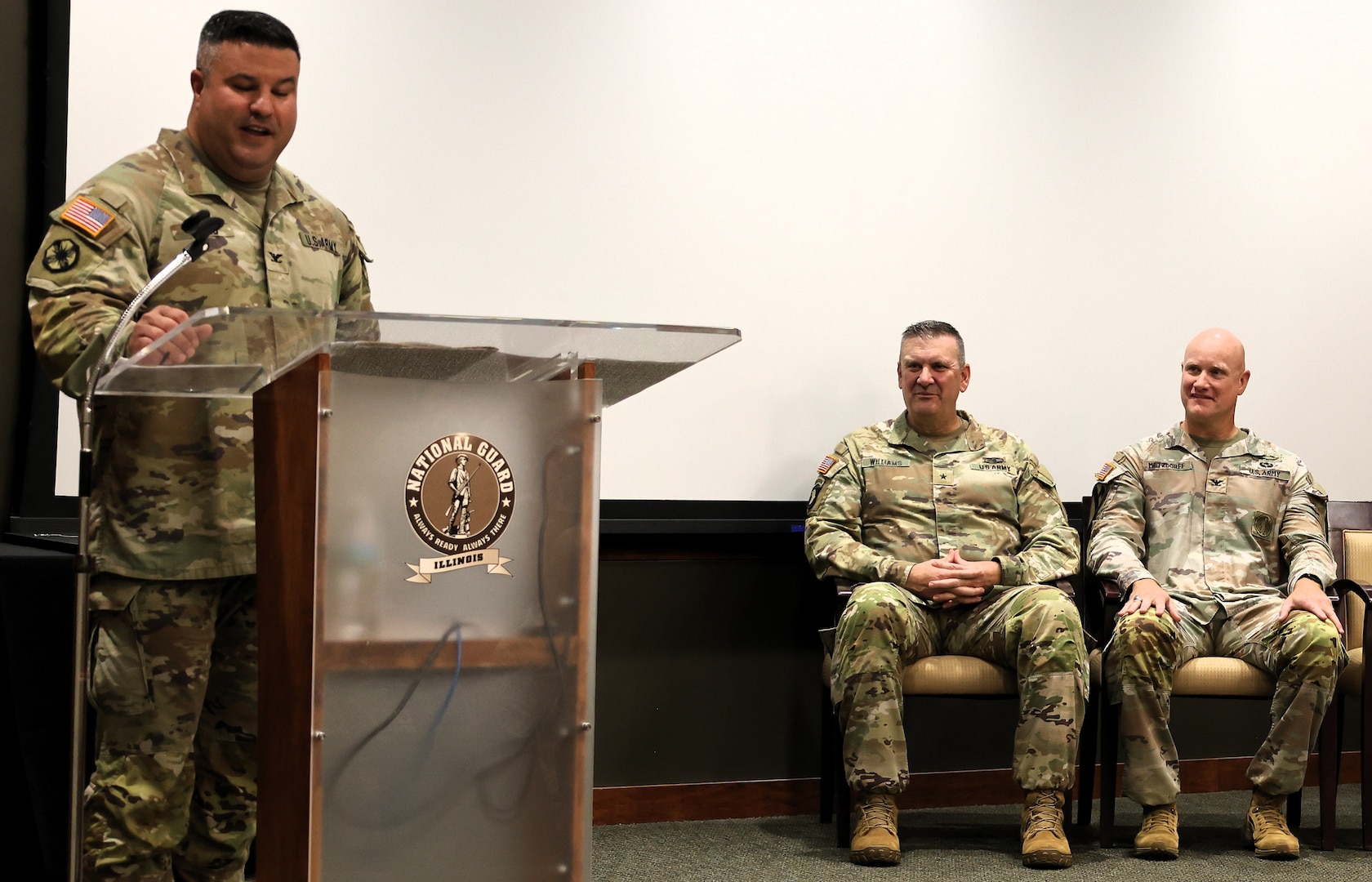 Col. Shawn Nokes, the outgoing commander of the 129th Regiment (Regional Training Institute), speaks during the unit's Change of Command Ceremony.