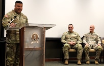 Col. Shawn Nokes, the outgoing commander of the 129th Regiment (Regional Training Institute), speaks during the unit's Change of Command Ceremony.