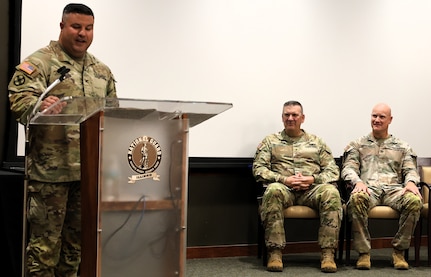 Col. Shawn Nokes, the outgoing commander of the 129th Regiment (Regional Training Institute), speaks during the unit's Change of Command Ceremony.