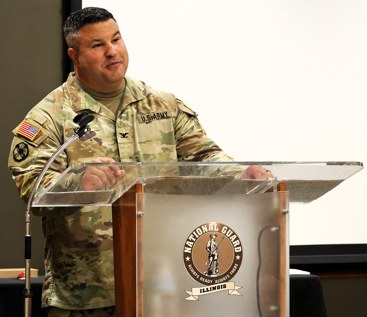 Col. Shawn Nokes, the outgoing commander of the 129th Regiment (Regional Training Institute), speaks during the unit's Change of Command Ceremony.