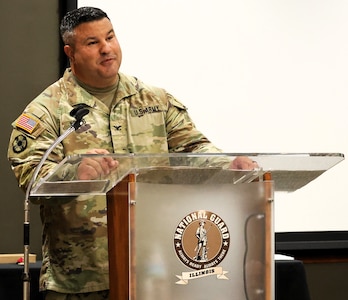 Col. Shawn Nokes, the outgoing commander of the 129th Regiment (Regional Training Institute), speaks during the unit's Change of Command Ceremony.