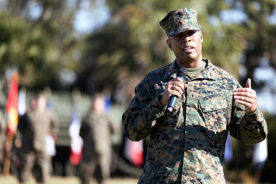 U.S. Marine Corps Col. David Merles, commanding officer of Blount Island Command, speaks to the gathered service members, civilians and distinguished guests during the Nov. 14 relief and appointment ceremony at Marine Corps Support Facility Blount Island, Florida, honoring Sgt. Maj. Julian Lumm for his 30 years of dedicated service. (Official Marine Corps Photo by Dustin Senger)