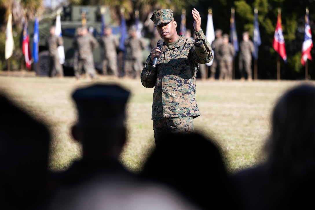 U.S. Marine Corps Col. David Merles, commanding officer of Blount Island Command, speaks to the gathered service members, civilians and distinguished guests during the Nov. 14 relief and appointment ceremony at Marine Corps Support Facility Blount Island, Florida, honoring Sgt. Maj. Julian Lumm for his 30 years of dedicated service. (Official Marine Corps Photo by Dustin Senger)