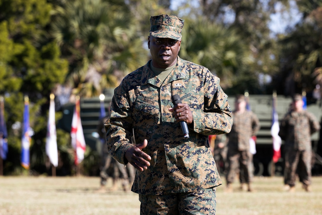 U.S. Marine Corps Sgt. Maj. Shonor Burton delivers brief remarks as the newly appointed senior enlisted leader of Blount Island Command during the Nov. 14 relief and appointment ceremony at Marine Corps Support Facility Blount Island, Florida. Burton pledged to continue the command's momentum and maintain readiness as he assumes leadership. (Official Marine Corps Photo by Dustin Senger)