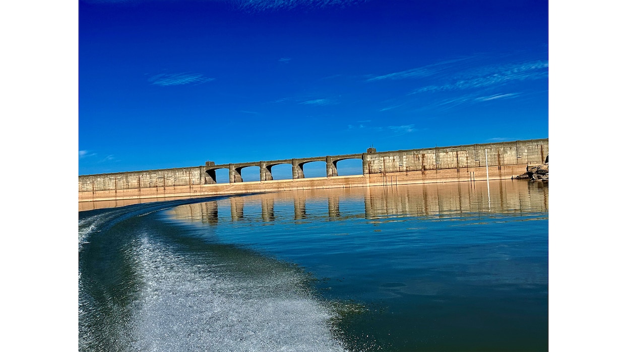 View of Conchas Dam from a boat on the lake, fall 2024.  Photo by Prakash Kaini, chief, Water Management Section.
