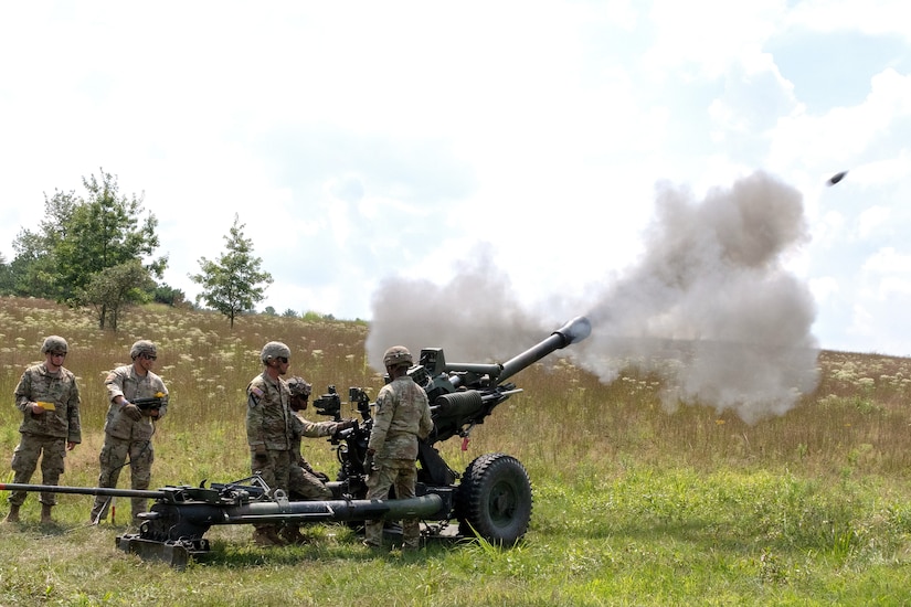 Soldiers conduct an artillery live fire exercise Aug. 15 at Fort Indiantown Gap, Pennsylvania, as the culmination of their Cannon Crewmember (13B) Advanced Leader Course. This course is one of several conducted throughout the year by the staff of the 166th Regiment – Regional Training Institute, which trains more than 5,500 students annually. (Pennsylvania National Guard photo by Wayne V. Hall)