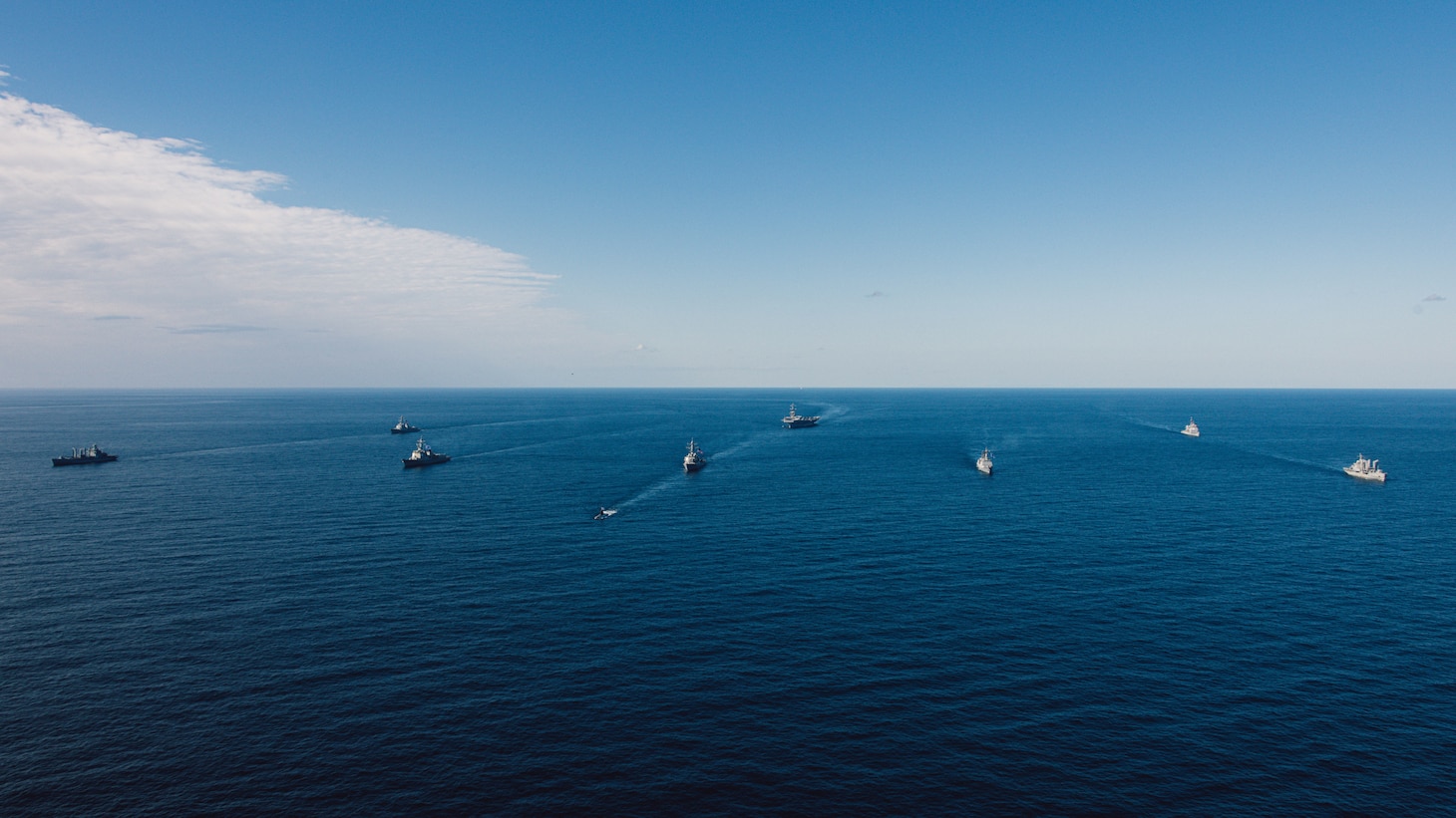 Forces from the U.S. Navy George Washington Carrier Strike Group and Republic of Korea Navy sail in formation during Carrier Strike Group Exercise (CSGEX) while at sea, Nov. 12, 2025. CSGEX is a bilateral exercise that strengthens naval interoperability, enhances the U.S. and Republic of Korea alliance, and demonstrates joint commitment to a free and open Indo-Pacific. USS George Washington (CVN 73) is the U.S. Navy’s premier forward-deployed aircraft carrier, a long-standing symbol of the United States’ commitment to maintaining a free and open Indo-Pacific region, while operating alongside allies and partners across the U.S. Navy’s largest numbered fleet. (U.S. Navy photo by Mass Communication Specialist 2nd Class Geoffrey L. Ottinger)