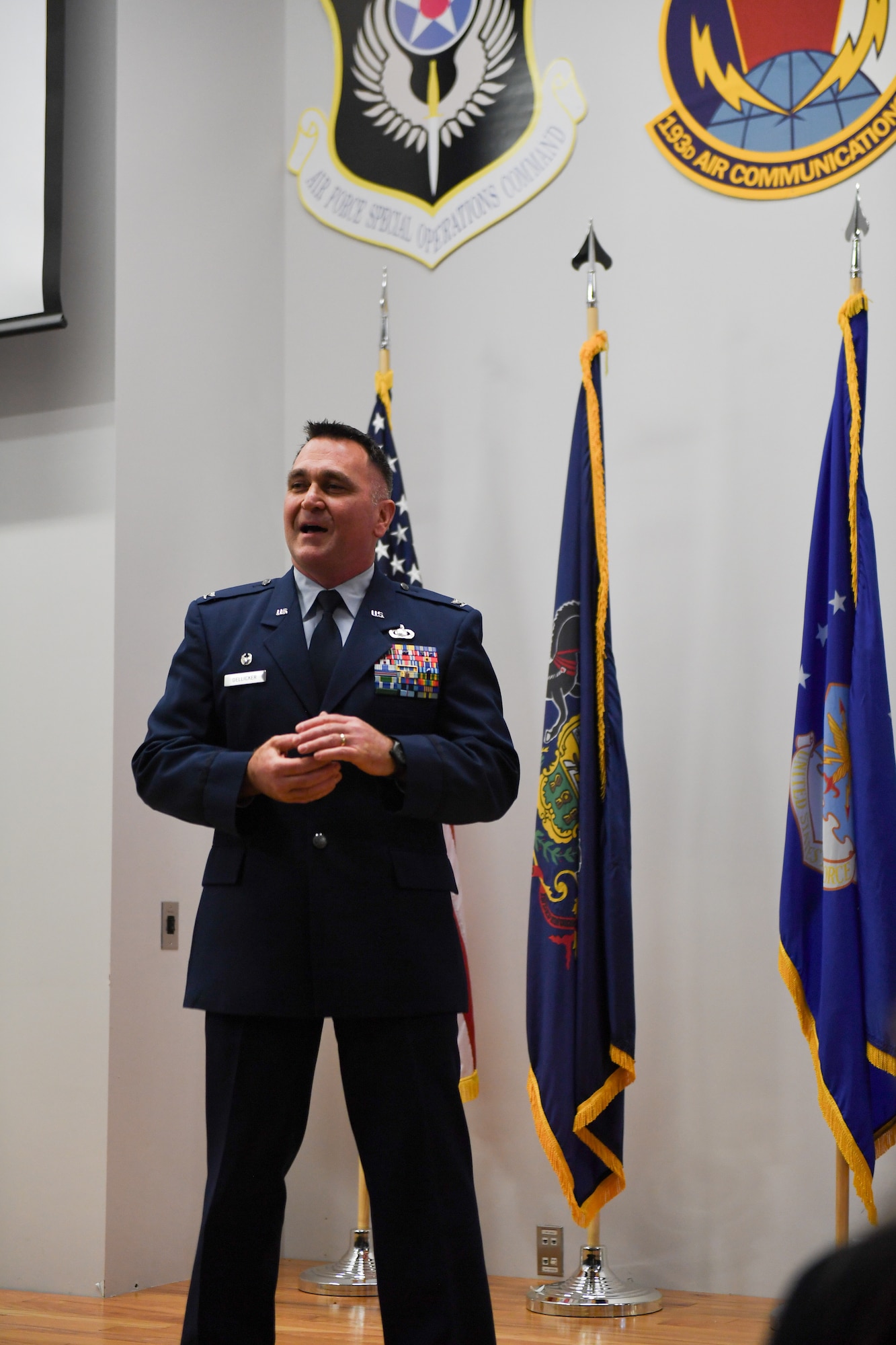 Col. Kevin Dellicker (right) assumed command of the 193rd Air Operations Group after receiving the guidon from Col. Robert Noren, commander of the 193rd Special Operations Wing, during a ceremony at the 193rd AOG in State College, Pennsylvania, on Nov. 15, 2025.