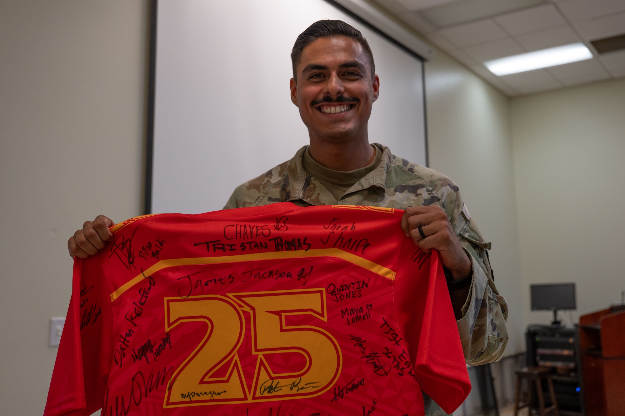 U.S. Air Force Staff Sgt. Riley Villanueva, fire team leader for the 736th Security Forces Squadron, receives Linebacker of the Week recognition by the 36th Wing Command Team on Andersen Air Force Base, Guam, Oct. 11, 2025.
