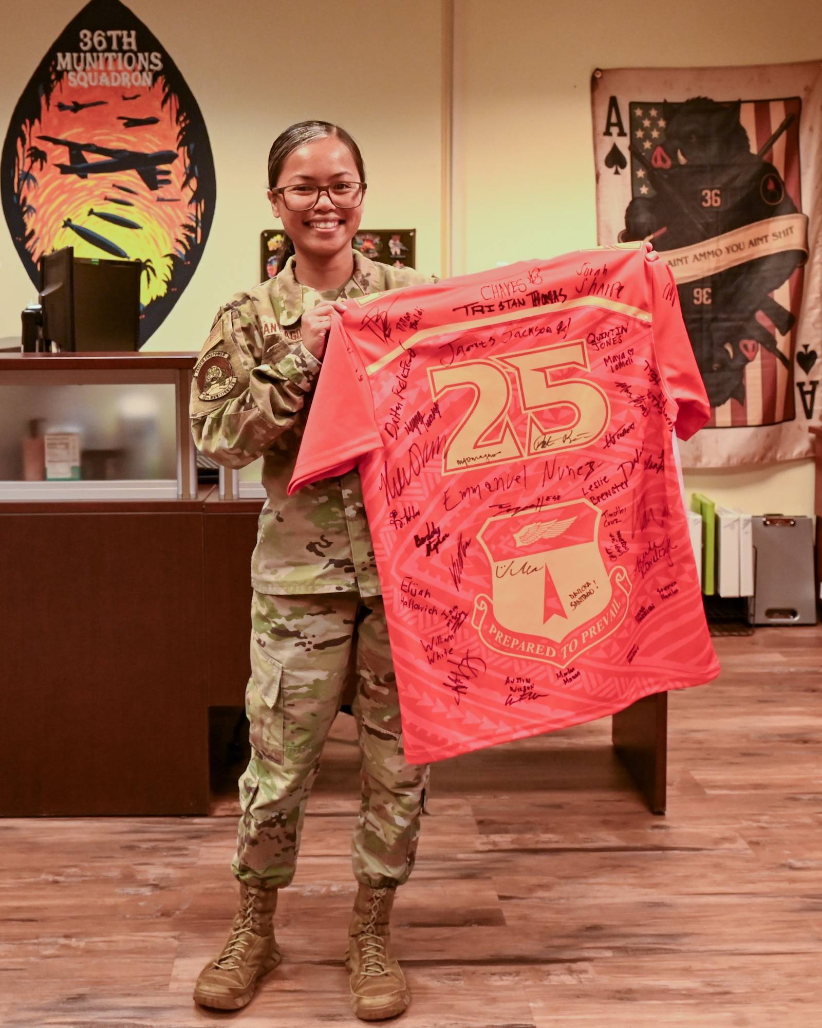 U.S. Air Force Staff Sgt. Davicka Sanitago, noncommissioned officer in charge of Commander Support Staff for the 36th Munitions Squadron, receives Linebacker of the Week recognition by the 36th Wing Command Team on Andersen Air Force Base, Guam, Oct. 17, 2025.