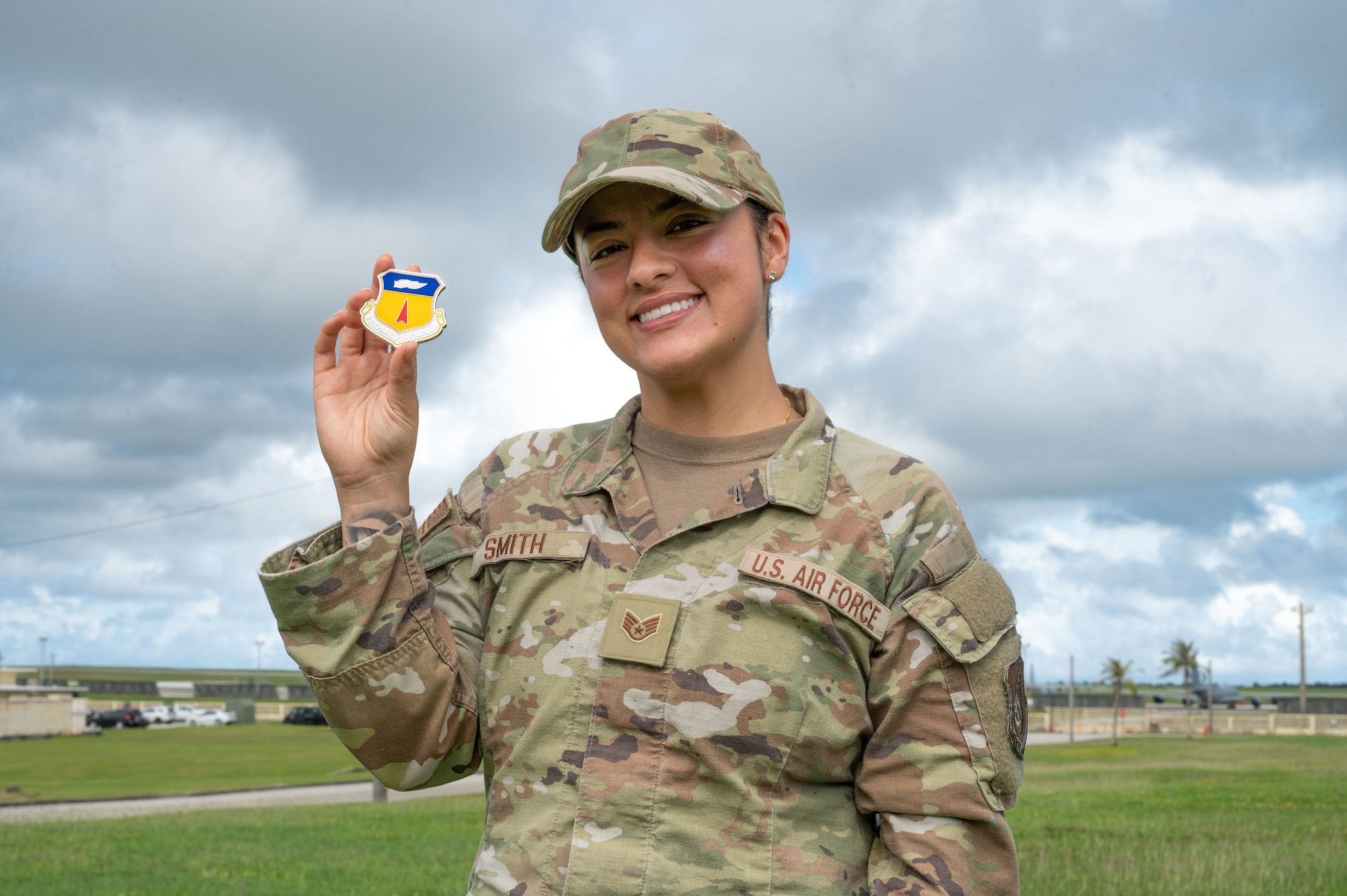 U.S. Air Force Staff Sgt. Sheila Smith, noncommissioned officer in charge of readiness and plans for the 36th Force Support Squadron, receives Linebacker of the Week recognition by the 36th Wing Command Team on Andersen Air Force Base, Guam, Nov. 5, 2025.