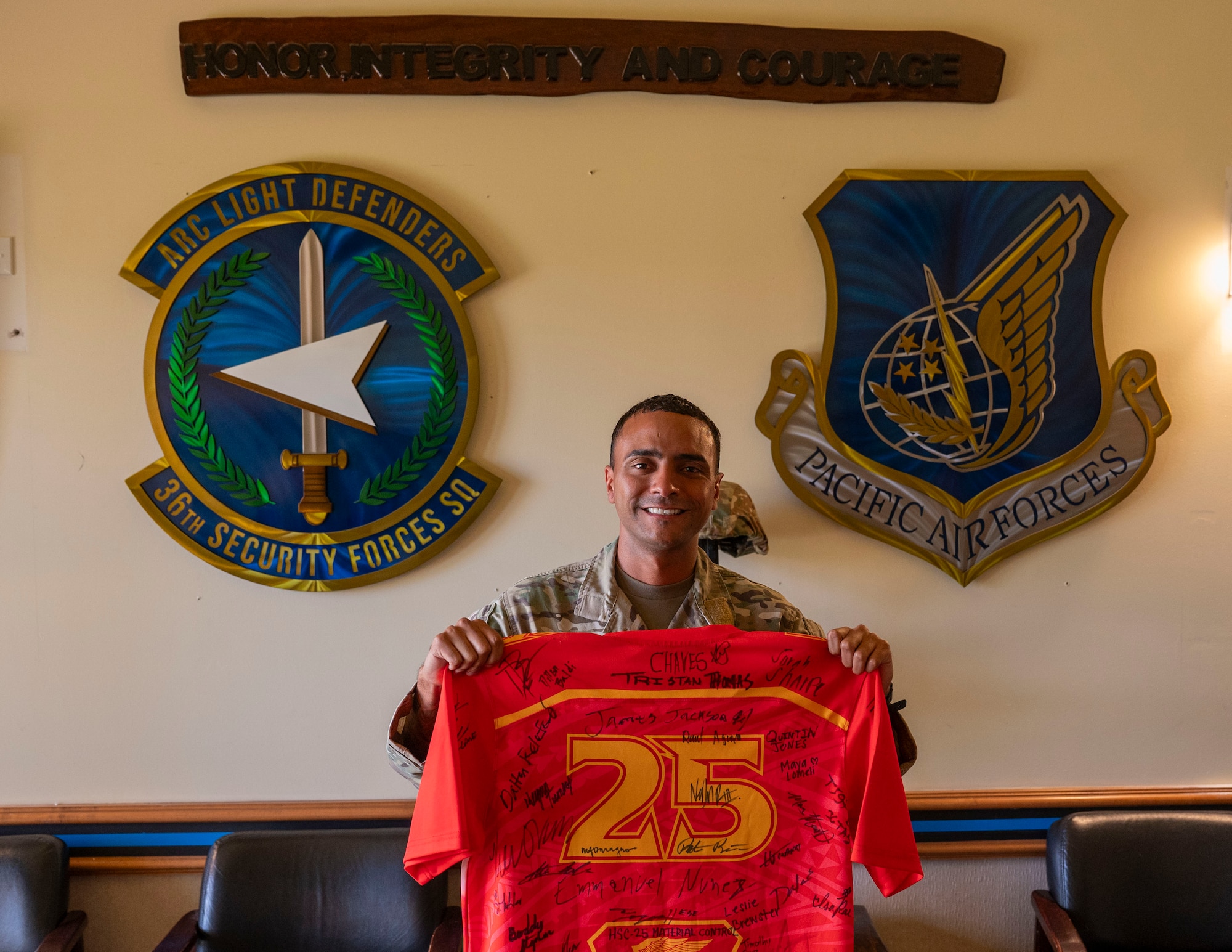U.S. Air Force Staff Sgt. Nelson Roman, a base defense operations center controller for the 36th Security Forces Squadron, receives Linebacker of the Week recognition by the 36th Wing Command Team on Andersen Air Force Base, Guam, Nov. 12, 2025.