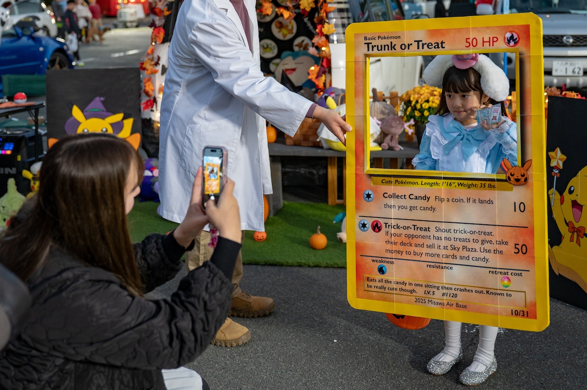 A participant poses for a photo during Trunk or Treat at Misawa Air Base, Japan, Oct. 24, 2025. Trunk or Treat reflected the 35th Fighter Wing’s mission to build a stronger, more connected community through quality events that bring people together. (U.S. Air Force photo by Senior Airman Brittany Russell)