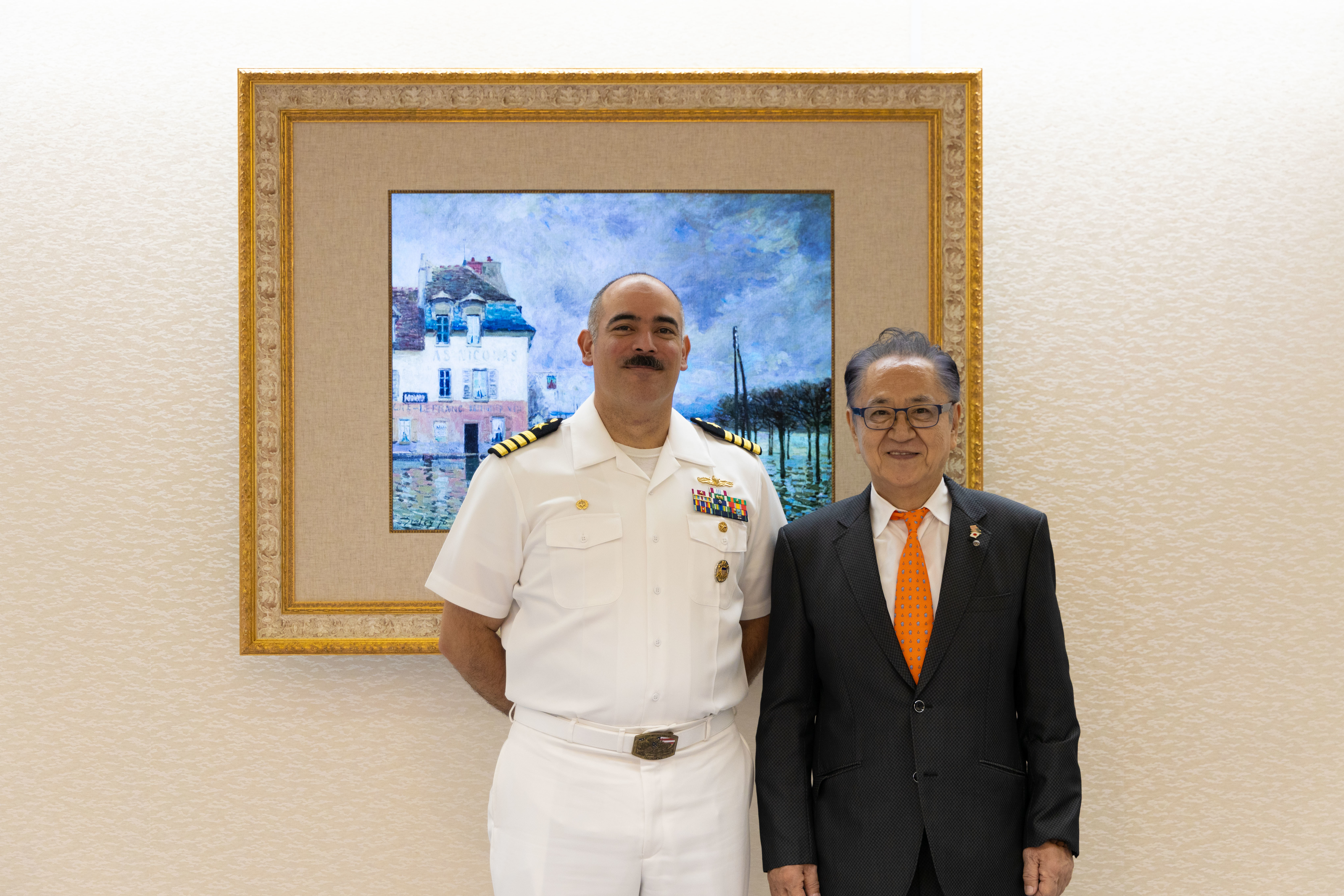 City of Yokosuka Mayor Katsuaki Kamiji welcomes Commander, Fleet Activities Yokosuka, Capt. Jonathan Hopkins, to an office call at Yokosuka City Hall Thursday, Sept. 22, 2025 in Yokosuka, Japan.